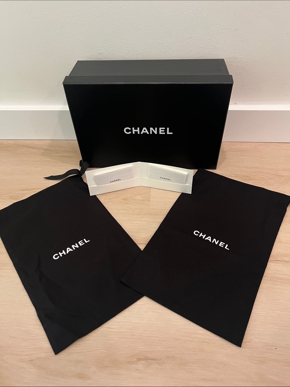 CHANEL Shoe Box, Dust Bags, Tissue & Shoe Care Guide 12” x 8 1/4” x 4”
